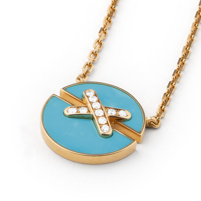 COLLIER PENDENTIF JEUX DE LIENS HARMONY PM EN OR ROSE, TURQUOISE ET PAVE 10 DIAMANTS SUR OR ROSE