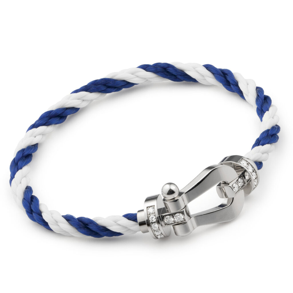 ENSEMBLE BRACELET FORCE10 SUR CABLE GM EN CORDERIE BLANC ET BLEU INDIGO A EMBOUTS ACIER