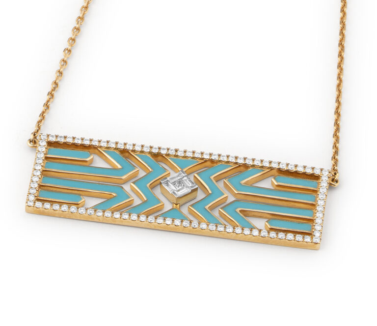 COLLIER BLUE ART DECO EN EMAIL TURQUOISE ET DIAMANTS SUR OR ROSE