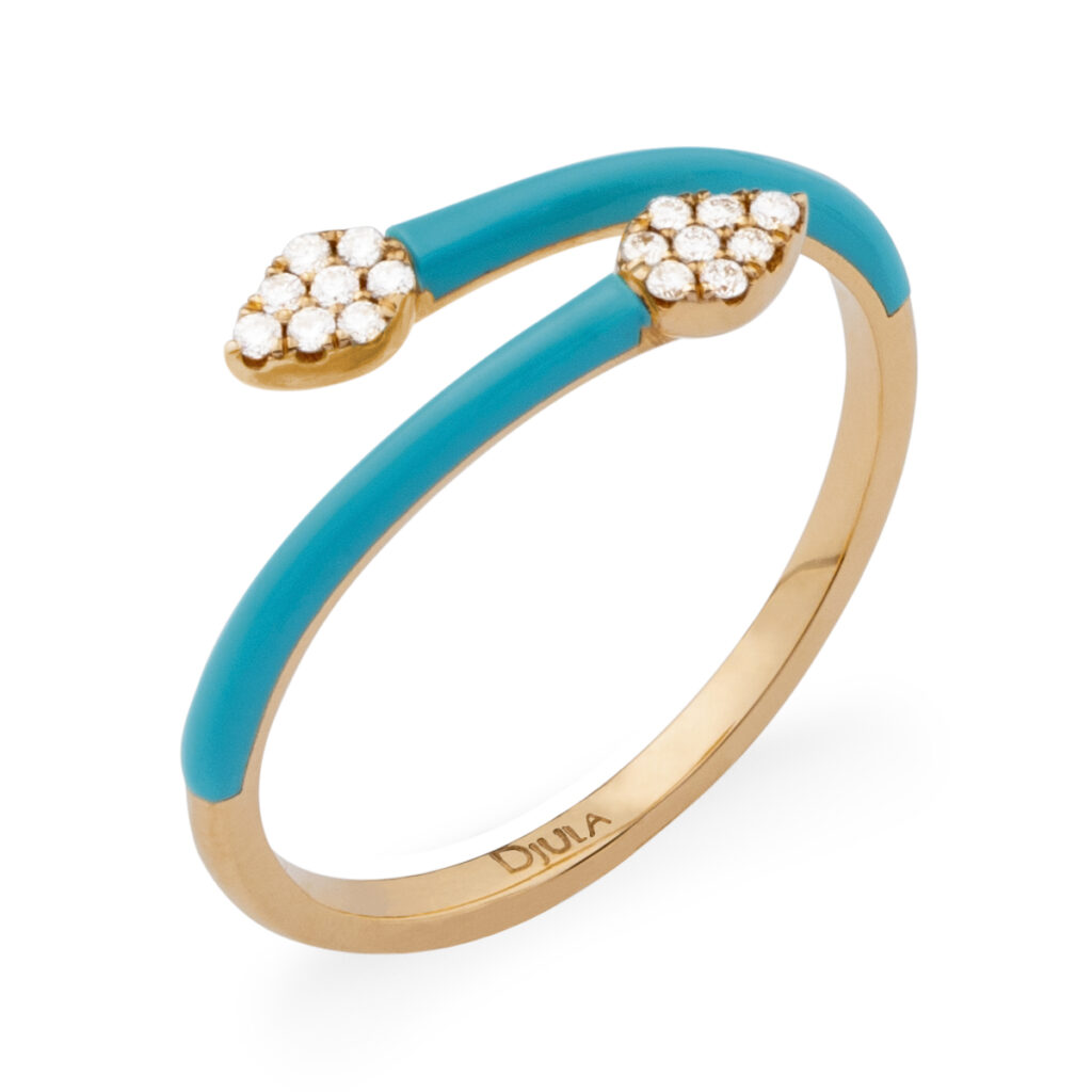 BAGUE SPIRALE MARBELLA EN EMAIL TURQUOISE ET DIAMANTS SUR OR ROSE