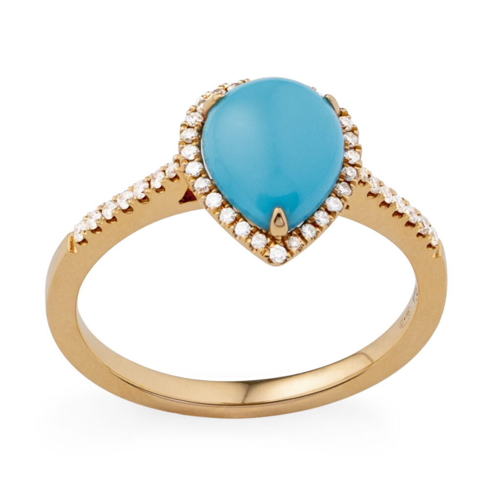 BAGUE FLAMBOYANTE TURQUOISE EN POIRE ENTOURAGE DIAMANT SUR OR ROSE