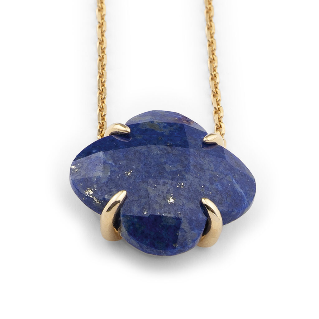 COLLIER VICTORIA TREFLE LAPIS LAZULI SUR OR JAUNE