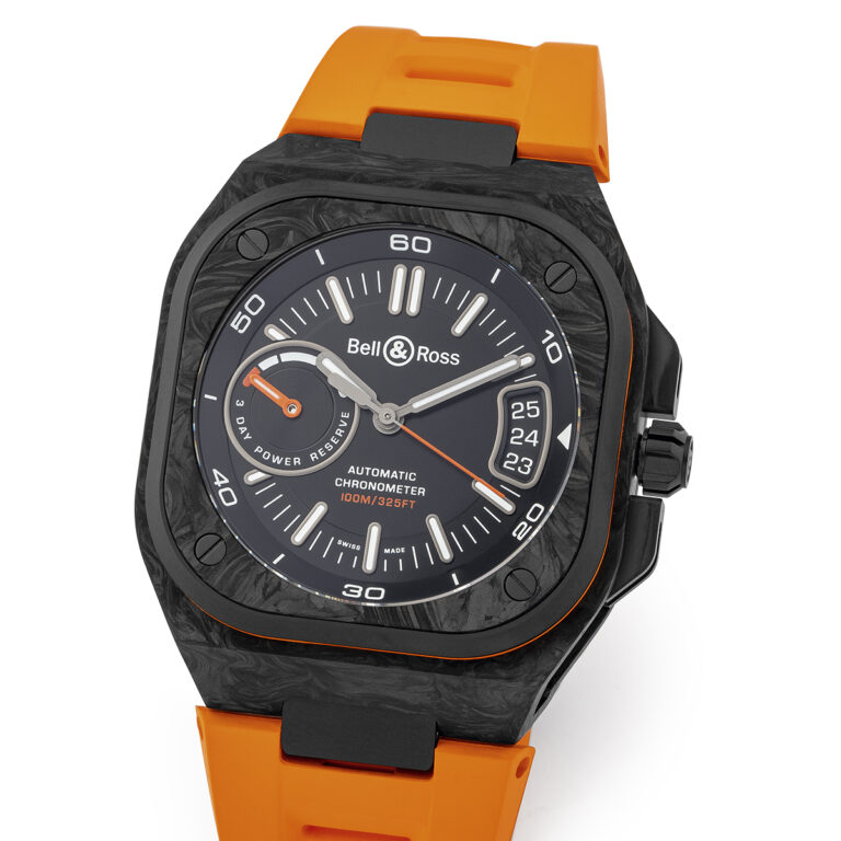 MONTRE BRX5 CARBON ORANGE 41MM, BOITE CARBONE ET TITANE MICROBILLE DLC, MOUVEMENT AUTOMATIQUE MANUFACTURE BY KENISSI, RESERVE DE MARCHE 70H, ETANCHE 10ATM, SUR BRACELET CAOUTCHOUC ORANGE ED°LIM 500PCES